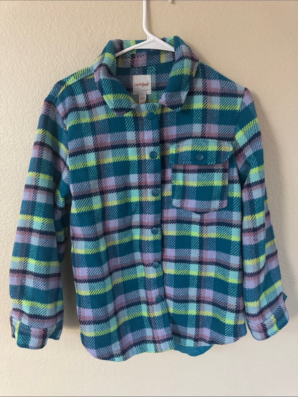 Cat & Jack Teal Plaid Button-Down Shirt with Lime & Purple Accents